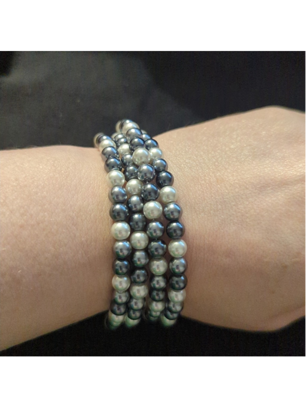 Black and White Faux Pearl Memory Wire Wrap Beaded Statement Bracelet